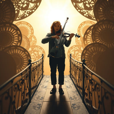 A violinist stands centered on a bridge, surrounded by layered paper cut-outs of Art Deco patterns, in warm sepia tones, with a solemn expression, backlit by a soft glow, lens flare radiating around their figure, amidst intricate textures…