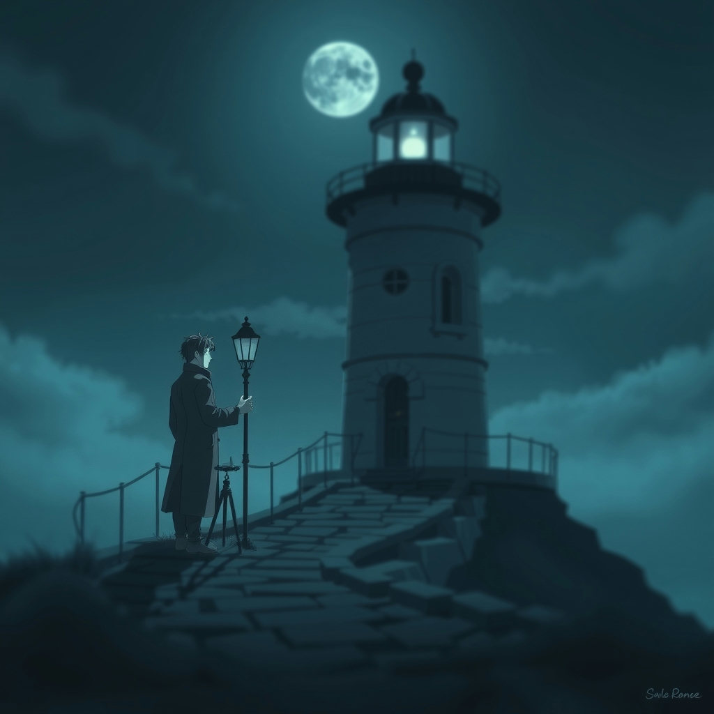 A 1990s anime cel inspired scene unfolds as a lighthouse keeper in a long coat tends the lamp, surrounded by a soft monochrome indigo glow, with a long winding path leading the eye through the frame, illuminated by soft moonlight, in a…