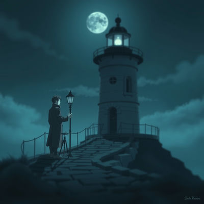 A 1990s anime cel inspired scene unfolds as a lighthouse keeper in a long coat tends the lamp, surrounded by a soft monochrome indigo glow, with a long winding path leading the eye through the frame, illuminated by soft moonlight, in a…