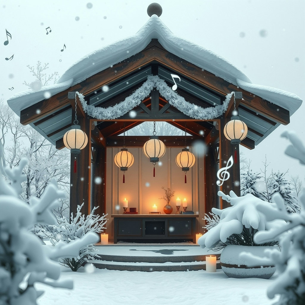 Snowflakes gently fall around a snow-covered shrine, its wooden beams and paper lanterns etched in delicate lines, set against a soft mint and cream backdrop, candlelight casting a warm glow, music notes and treble clefs dance in the air,…
