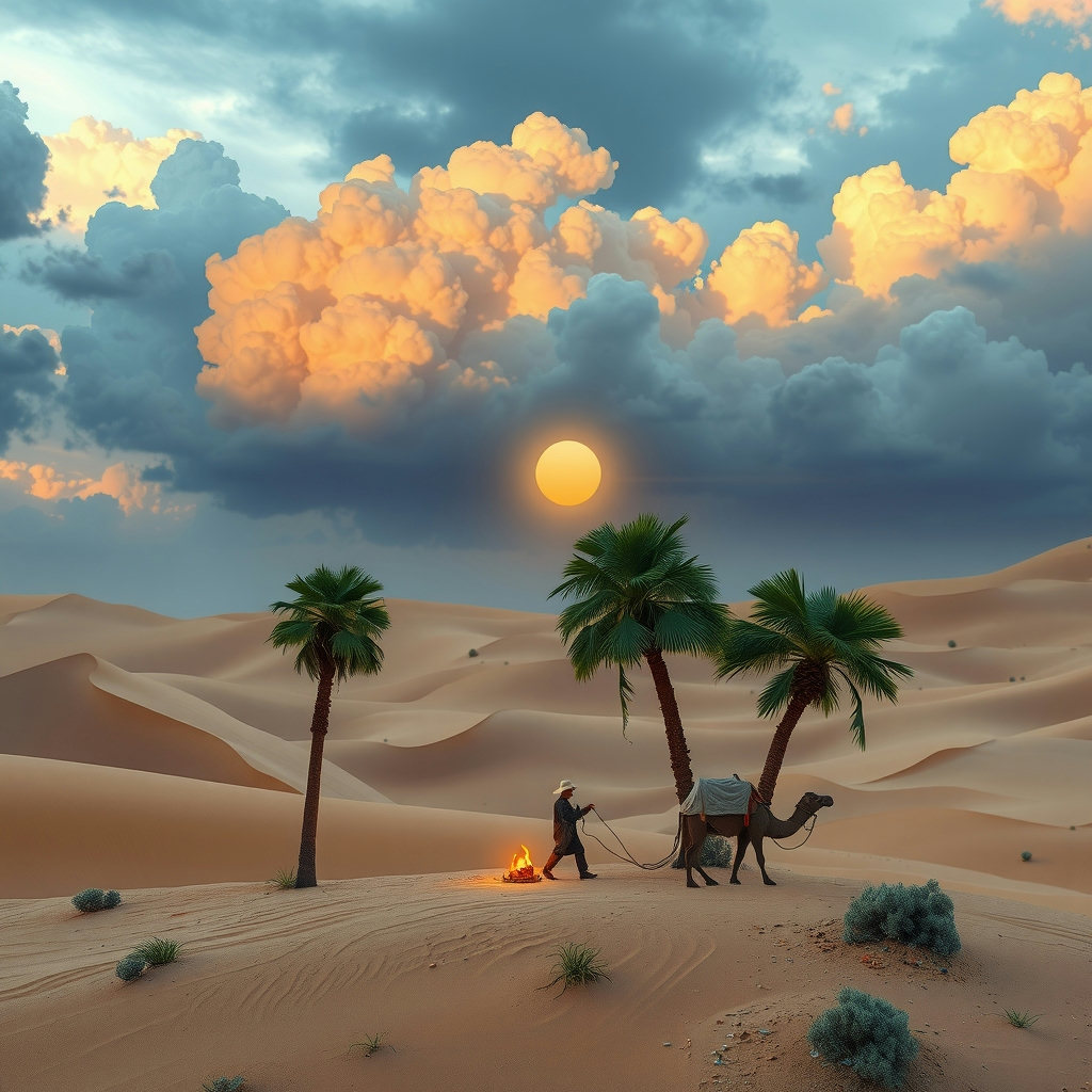 A tiny caravan rests at a serene oasis, surrounded by vast dunes, as storm light breaks through coral-hued clouds, casting a warm glow on teal-tiled palm trees and travelers, in a cozy 1890s desert scene, rendered in intricate mosaic tiles.