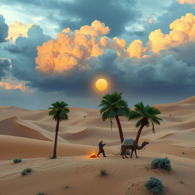 A tiny caravan rests at a serene oasis, surrounded by vast dunes, as storm light breaks through coral-hued clouds, casting a warm glow on teal-tiled palm trees and travelers, in a cozy 1890s desert scene, rendered in intricate mosaic tiles.