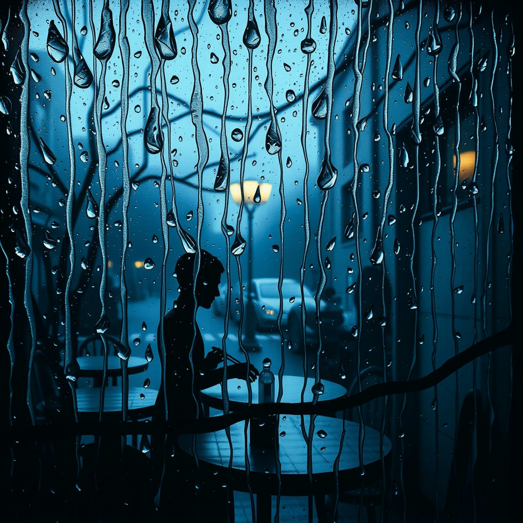 Raindrops slide down a Baroque tea house window, distorting views of patrons playing lutes, amidst cool silver and blue hues, in an extreme close-up linocut print, during the blue hour, with intricate textures and shadows casting an…