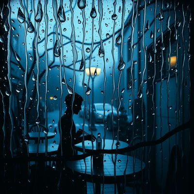 Raindrops slide down a Baroque tea house window, distorting views of patrons playing lutes, amidst cool silver and blue hues, in an extreme close-up linocut print, during the blue hour, with intricate textures and shadows casting an…