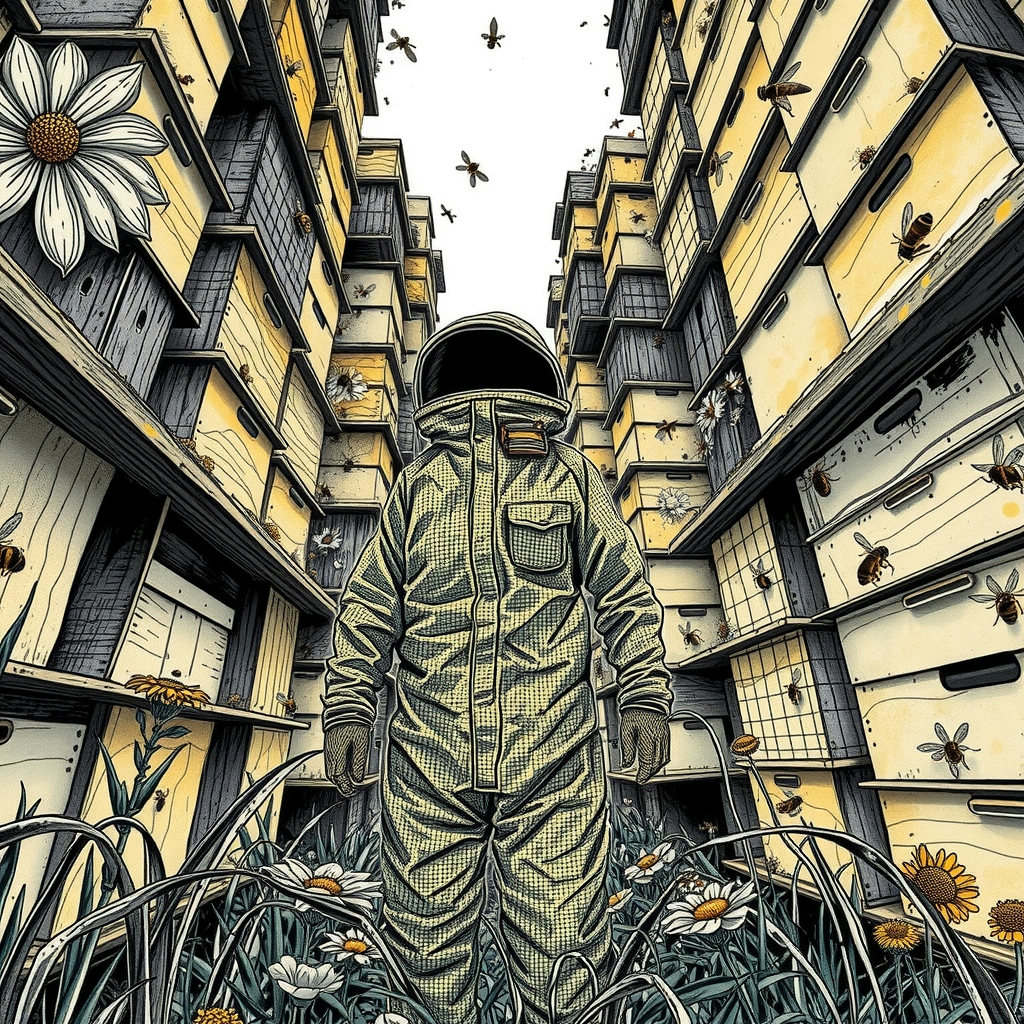 A beekeeper in a woven suit stands among towering wildflower hives, watercolor petals and ink outlines blending in high-contrast black and gold, as diffuse overcast light illuminates the scene from a low angle, looking up at the intricate…