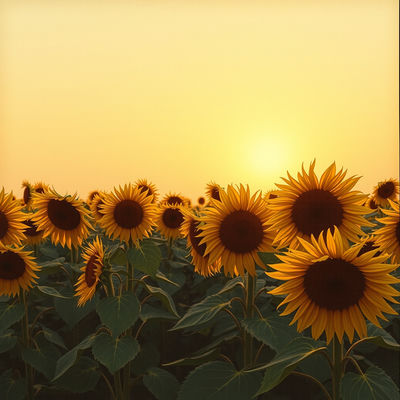 Soft golden light illuminates a bird's-eye view of a sunflower field, with earthy tones of muted browns and tans, in a traditional ukiyo-e woodblock print style, as the tall sunflowers gently turn towards the warm glow of the golden hour,…