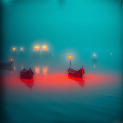 A 1950s fishing village shrouded in fog is reflected in calm water, with wooden boats and lanterns casting a mystical glow, in a duotone teal and coral cyanotype photograph, where coral-hued lantern light dances across the rippling teal…