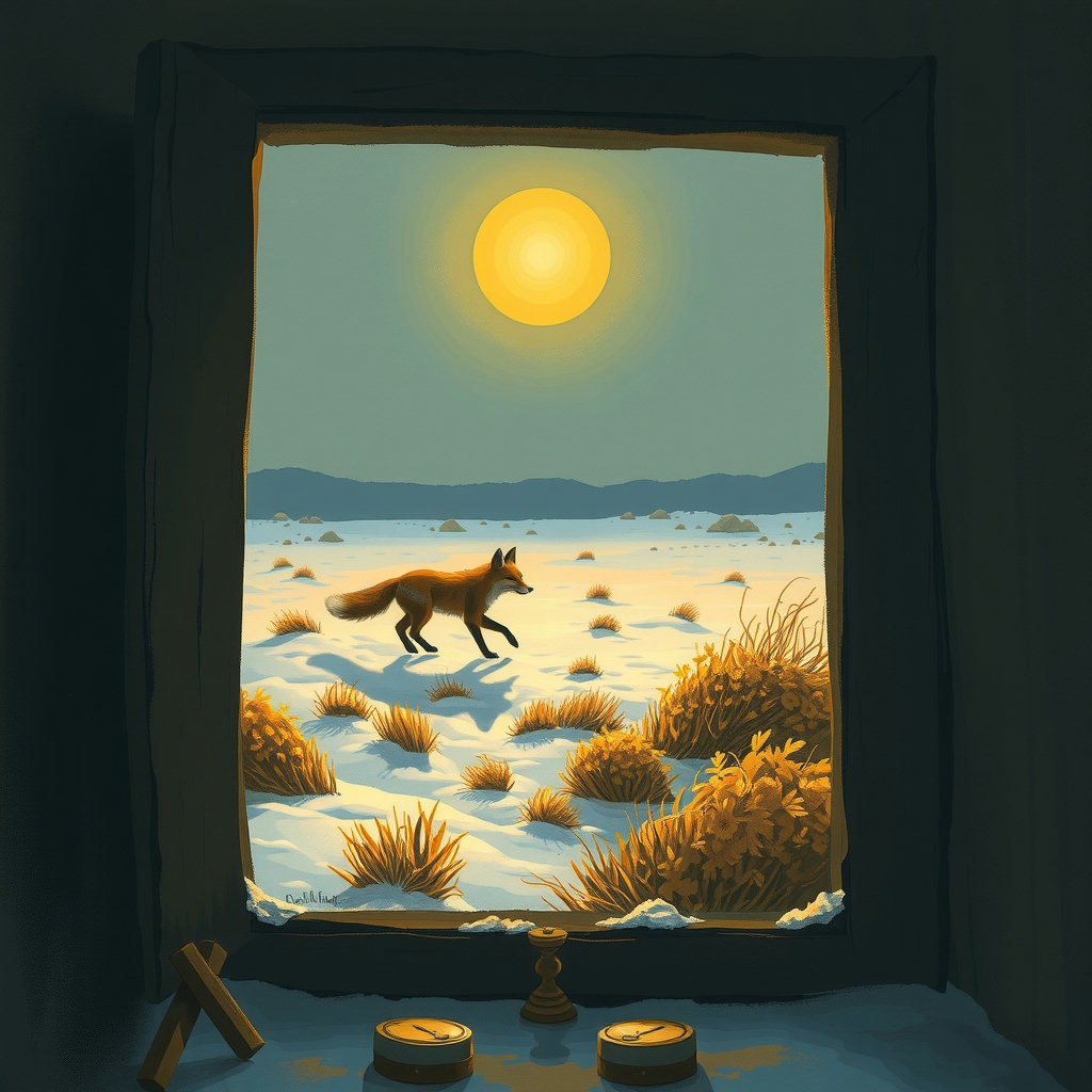 A fox crosses a frozen Bronze Age field, framed through a worn window, in a jubilant gouache painting with sun-bleached palette, illuminated by soft bioluminescent glow.