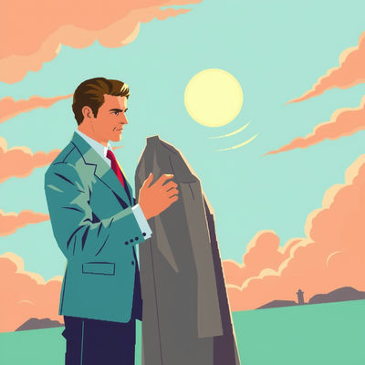 A 1960s Space Age tailor in a tense pose fits a coat on a man, set against a harsh noon sun sky, in isometric pixel art with pastel sorbet colors, the duo's silhouette starkly defined
