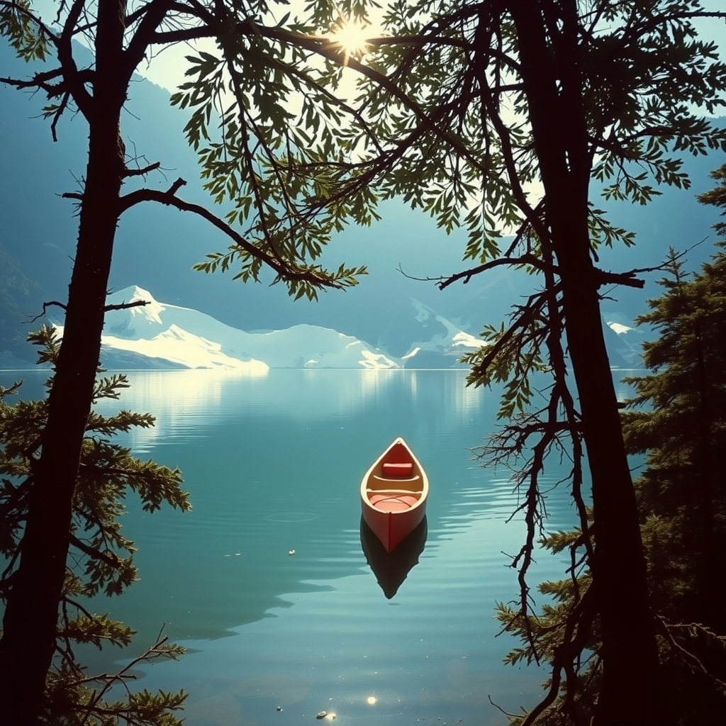 A crimson canoe sits centered on a serene glacial lake, surrounded by charcoal silhouettes of trees, under dappled light filtering through leaves, in a symmetrical 35mm film photograph reminiscent of 1970s science fiction.