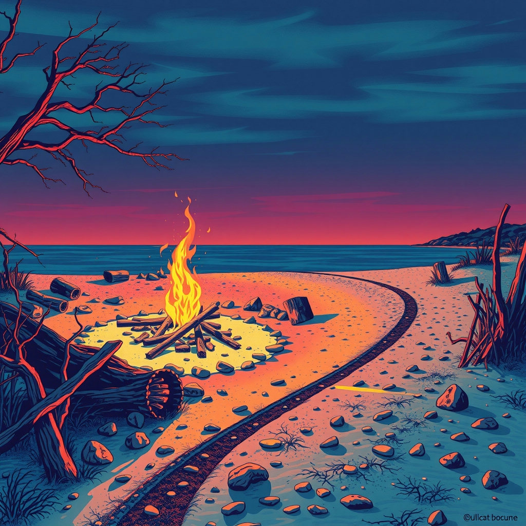 A Victorian England winter beach scene unfolds with a bonfire burning brightly, surrounded by driftwood and beach stones, as a long winding path leads the eye through the deep jewel toned landscape, backlit with lens flare, in a playful…