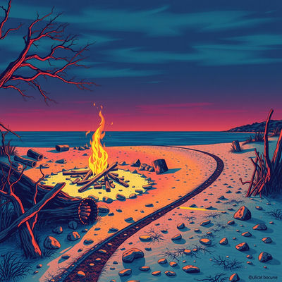 A Victorian England winter beach scene unfolds with a bonfire burning brightly, surrounded by driftwood and beach stones, as a long winding path leads the eye through the deep jewel toned landscape, backlit with lens flare, in a playful…