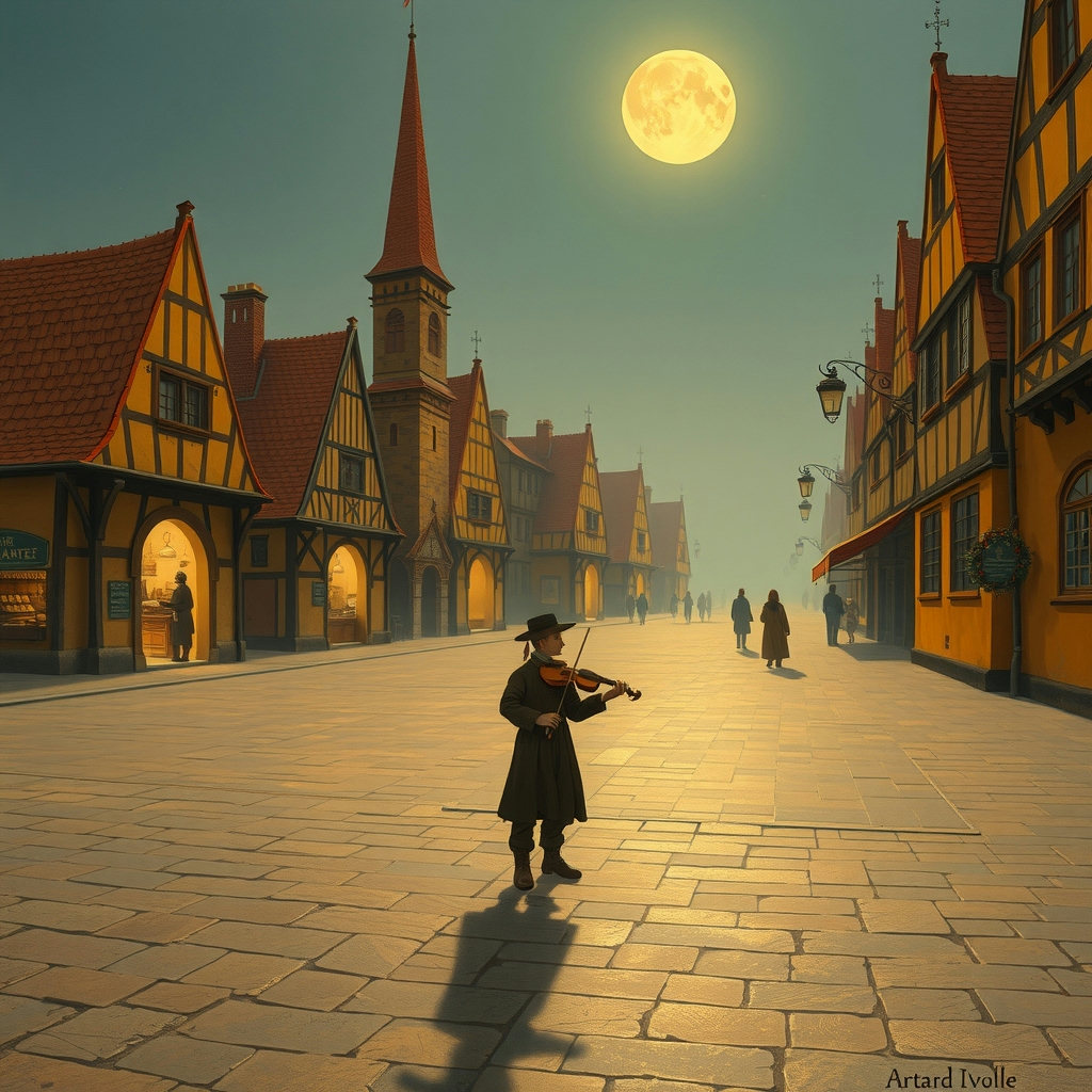 A lone minstrel stands in a vast, empty market square at dawn, surrounded by medieval buildings, with autumn ochre and rust hues, under soft moonlight, in a children's picture-book illustration style reminiscent of medieval manuscripts,…