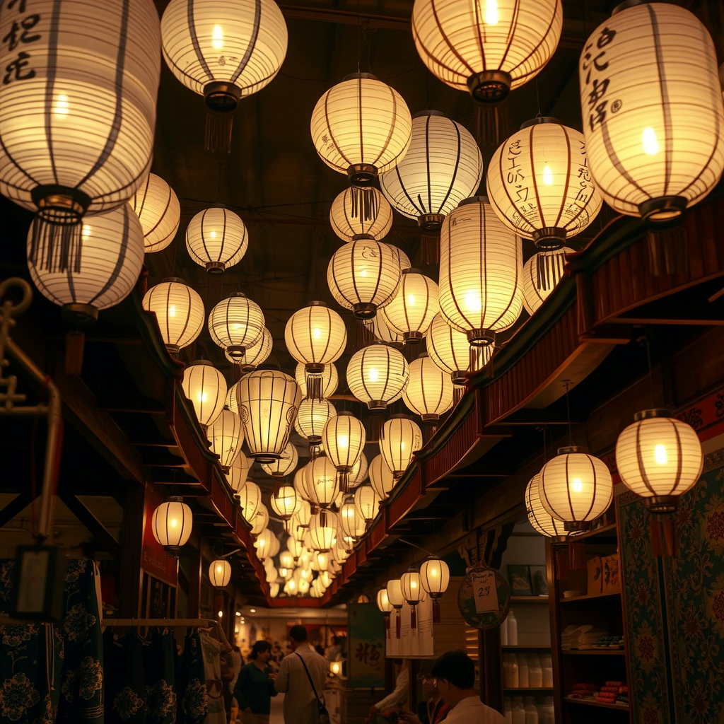 Soft candlelight illuminates a nostalgic 1890s night market of delicate paper lanterns, suspended from wooden stalls, amidst intricate embroidered textile patterns, in a warm sepia palette, with lanterns and stalls balanced in a…