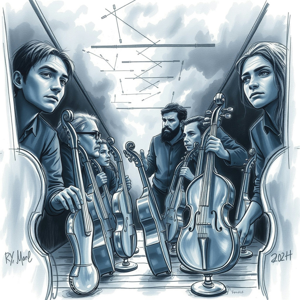 A glassblower's workshop, charcoal sketch style, with cool silver and blue hues, is viewed from a low angle, looking up, as storm light breaks through clouds, illuminating solemn faces amidst half-finished glass instruments, their…