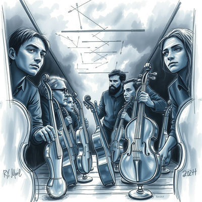 A glassblower's workshop, charcoal sketch style, with cool silver and blue hues, is viewed from a low angle, looking up, as storm light breaks through clouds, illuminating solemn faces amidst half-finished glass instruments, their…