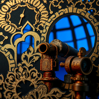 Intricate paper cut-outs of Art Deco patterns and abandoned observatory details, such as rusty telescopes and cracked lenses, overlap in extreme close-up, set against a high-contrast black and gold palette, as blue hour lighting casts an…