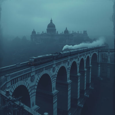 A night train crosses a Baroque viaduct, its carriages and locomotive rendered in intricate etching, as if notes on a staff, in a monochrome indigo vintage travel poster, viewed from a bird's-eye perspective, under overcast diffuse light,…