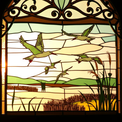 Migrating birds soar over a serene marsh, their forms rendered in mint and cream stained glass, as warm golden hour light streams through, casting a cozy glow, framed by an ornate window.