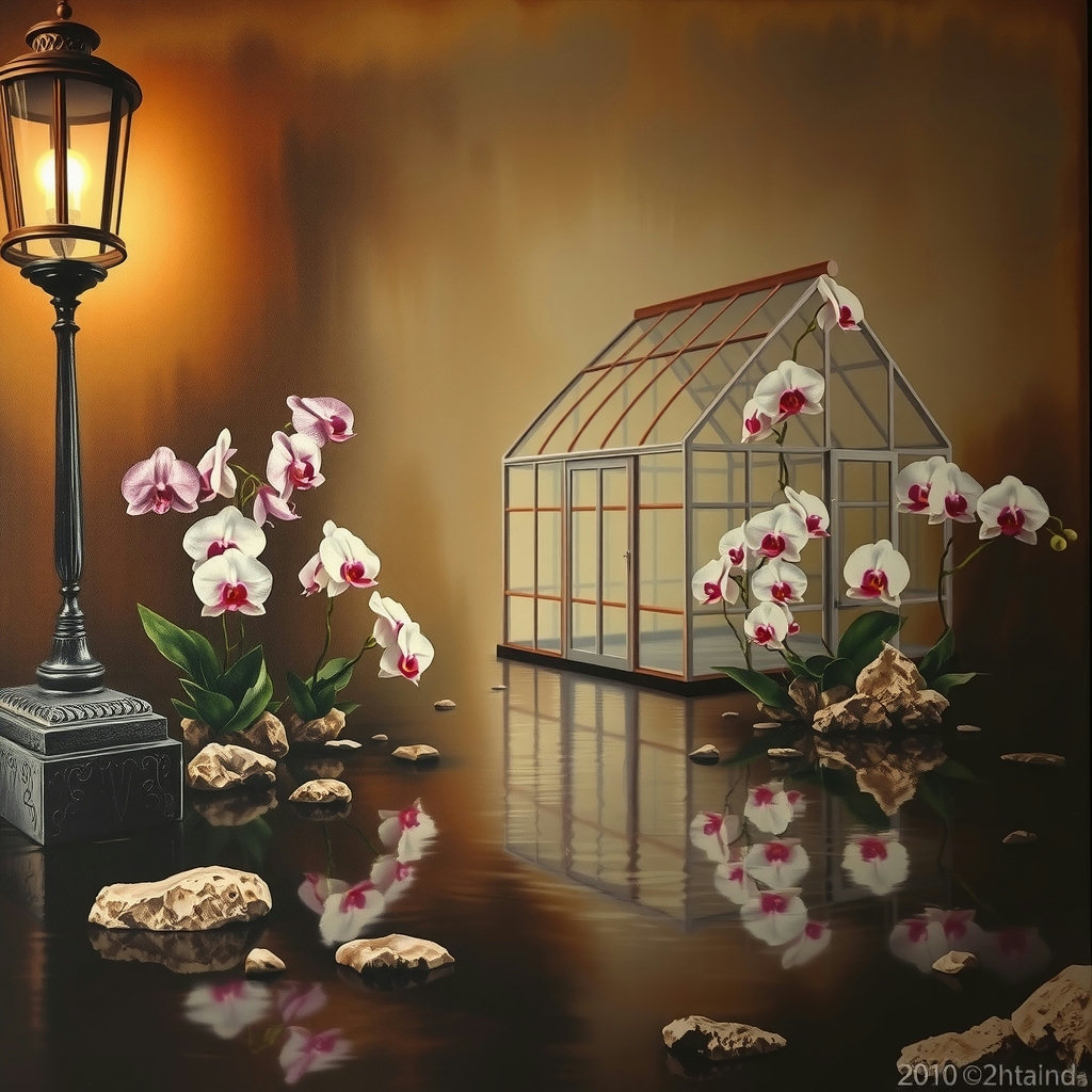 Soft lantern light dances across the muted earth tones of a Bronze Age oil painting on canvas, as a whimsical reflection of a greenhouse full of delicate orchids ripples in the calm water, surrounded by natural textures of wood and stone