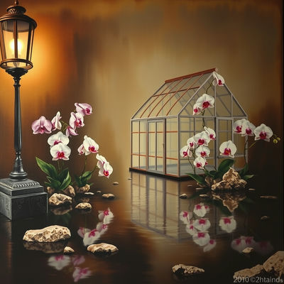 Soft lantern light dances across the muted earth tones of a Bronze Age oil painting on canvas, as a whimsical reflection of a greenhouse full of delicate orchids ripples in the calm water, surrounded by natural textures of wood and stone