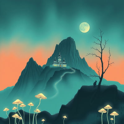A 1960s mountain monastery rises as a silhouette against a duotone teal and coral sky, with bioluminescent plants and mushrooms emitting a soft glow, in a pastel drawing that evokes a mysterious atmosphere