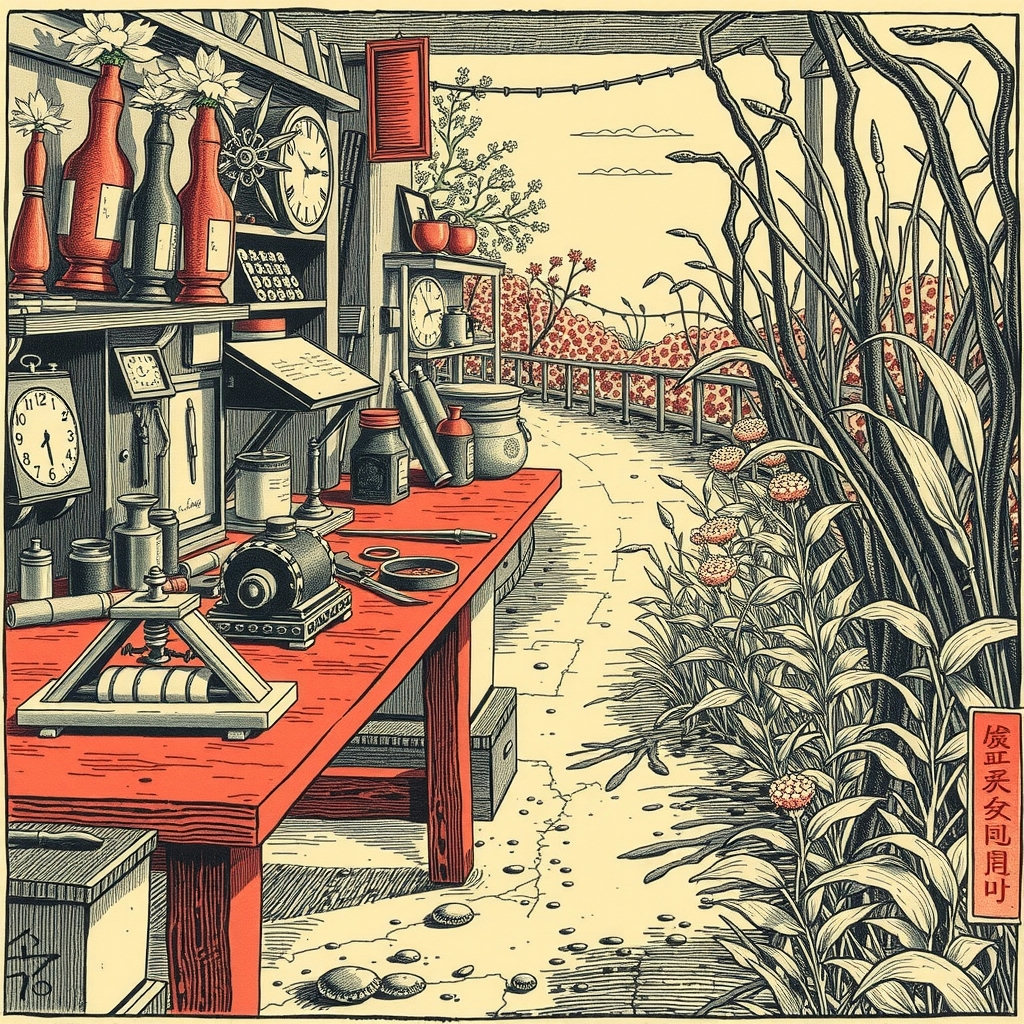 A cluttered clockmaker's bench, with crimson-stained wood and charcoal-dusted tools, stretches along a winding path, harsh noon sun casting deep shadows, amidst a tangle of botanical specimens, in an Edo-period Japanese etching.