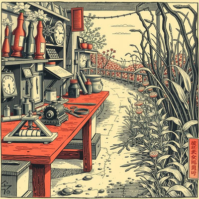 A cluttered clockmaker's bench, with crimson-stained wood and charcoal-dusted tools, stretches along a winding path, harsh noon sun casting deep shadows, amidst a tangle of botanical specimens, in an Edo-period Japanese etching.