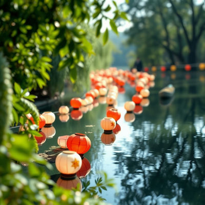A 1950s lantern festival on a serene lake, captured in a tilt-shift photograph, features vibrant yet sun-bleached lanterns reflected symmetrically in the water, surrounded by lush greenery with dappled light filtering through the leaves,…