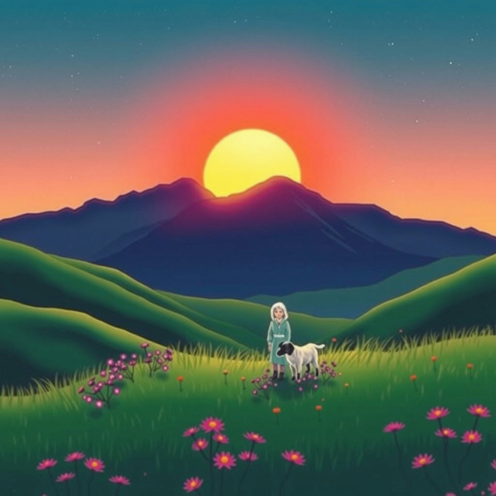 A tiny shepherd and dog stand in emerald hills, backlit by sapphire sky with amber lens flare, surrounded by amethyst wildflowers in a vast, deep jewel-toned landscape, reminiscent of 1970s science fiction, in the style of ukiyo-e…