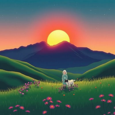 A tiny shepherd and dog stand in emerald hills, backlit by sapphire sky with amber lens flare, surrounded by amethyst wildflowers in a vast, deep jewel-toned landscape, reminiscent of 1970s science fiction, in the style of ukiyo-e…