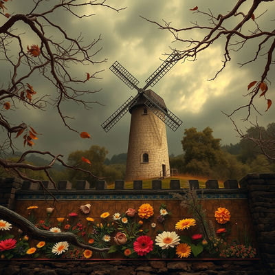 A medieval windmill stands alone in a stormy botanical landscape, warm sepia tones and soft moonlight illuminating tiny tile mosaics of wildflowers and worn stone walls, amidst twisted tree branches and blowing leaves, in a melancholic…