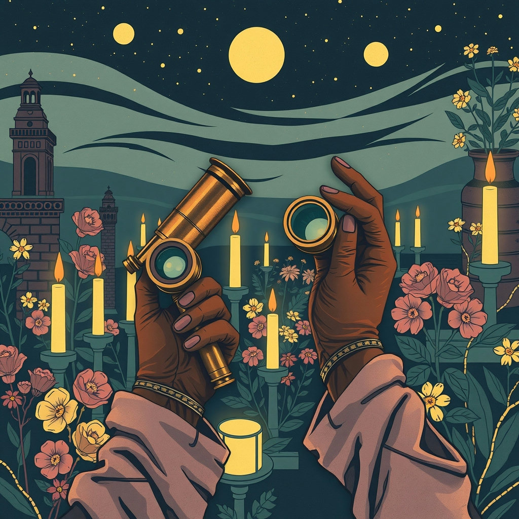 An astronomer's hands, adorned with worn leather gloves, hold antique brass telescopic lenses amidst rooftop botanicals, softly illuminated by candlelight, in pastel sorbet hues, with intricate linocut textures, in a nostalgic Victorian…