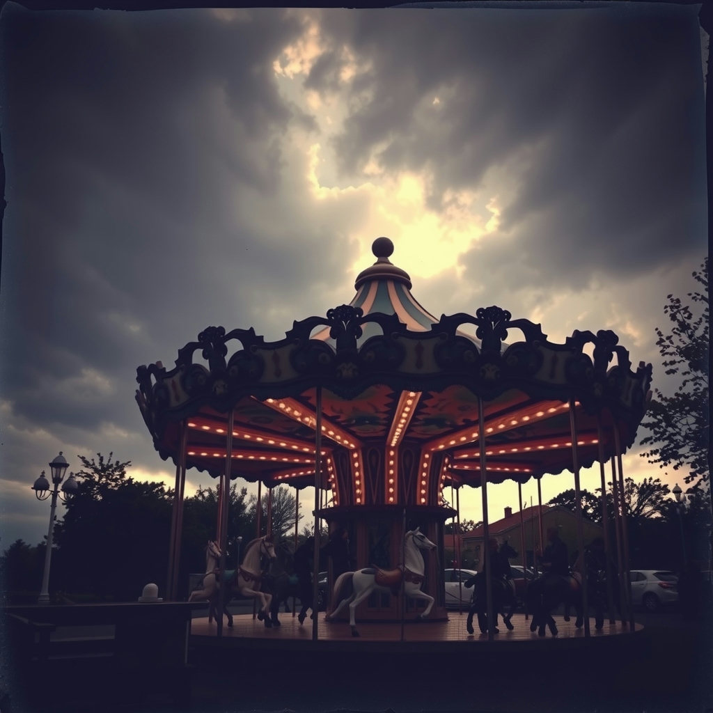 A serene 1890s carousel at dusk, captured in a cyanotype photograph, rises from autumn ochre and rust hues, as storm light breaks through clouds, casting dramatic shadows on wooden horses and foliage, viewed from a low angle looking up