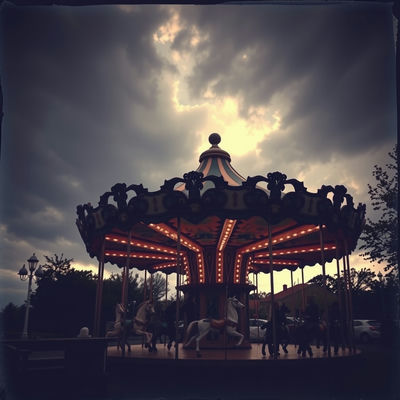 A serene 1890s carousel at dusk, captured in a cyanotype photograph, rises from autumn ochre and rust hues, as storm light breaks through clouds, casting dramatic shadows on wooden horses and foliage, viewed from a low angle looking up