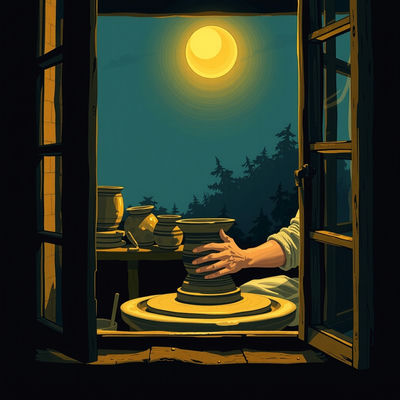 A 1990s anime cel style gouache painting depicts a potter at the wheel, framed through a window, in high-contrast black and gold, with an uncanny mood, during blue hour, as soft golden light illuminates the potter's hands and dark shadows…