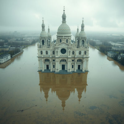 A flooded cathedral's intricate pixelated architecture shines in mint and cream hues under overcast diffuse light, viewed from a bird's-eye perspective, with water's gentle ripples and soft reflections inspiring awe.
