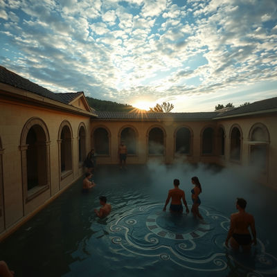 A Bronze Age bathhouse with steam rising, tile mosaics, and people in silhouette, stands against a cool silver and blue sky at golden hour, with warm light casting a cozy glow.