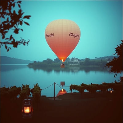 A 1960s hot-air balloon floats over vineyards, reflected in a serene lake, illuminated by soft lantern light, with a duotone teal and coral palette, captured on 35mm film, evoking a whimsical mood amidst small daily rituals.