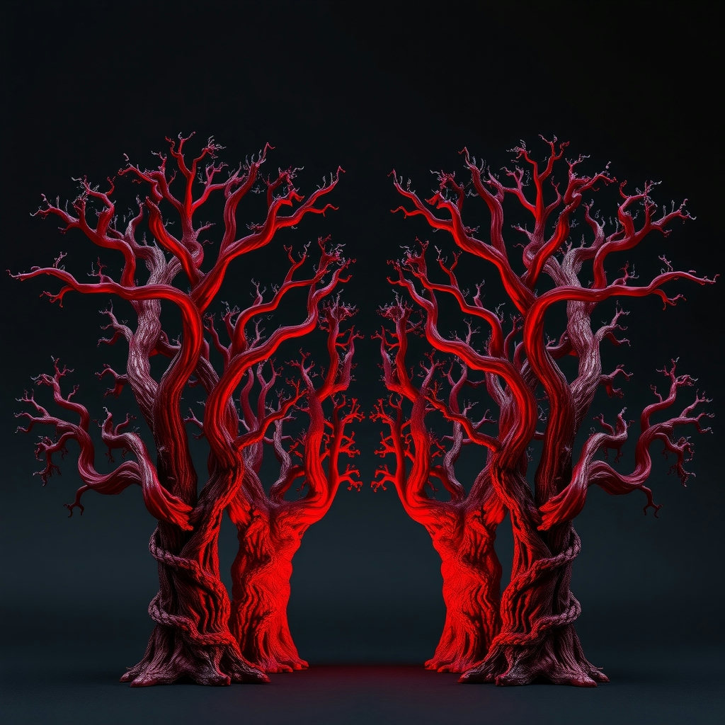Ancient trees stand solemnly in a symmetrical, centered composition, their crimson-hued claymation branches stretching towards a charcoal sky, as a soft, bioluminescent glow emanates from within, illuminating the intricate, Art…