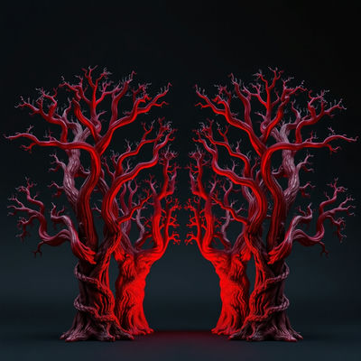 Ancient trees stand solemnly in a symmetrical, centered composition, their crimson-hued claymation branches stretching towards a charcoal sky, as a soft, bioluminescent glow emanates from within, illuminating the intricate, Art…