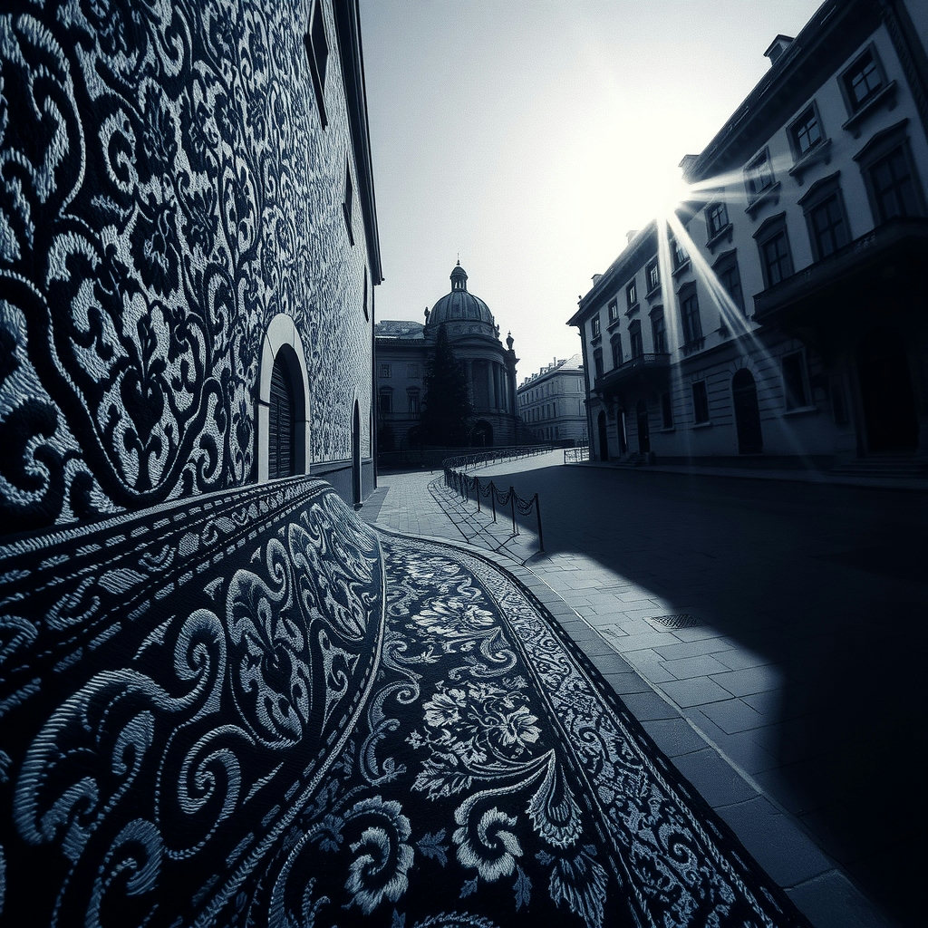 In a monochrome indigo embroidered textile, a long winding path leads to a Baroque European old cinema on its last night, with harsh noon sun casting dramatic shadows, tense details visible in intricate stitching, amidst ornate indigo…