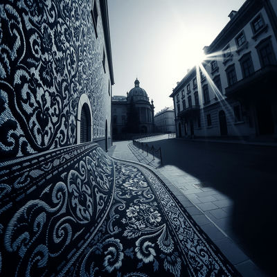 In a monochrome indigo embroidered textile, a long winding path leads to a Baroque European old cinema on its last night, with harsh noon sun casting dramatic shadows, tense details visible in intricate stitching, amidst ornate indigo…