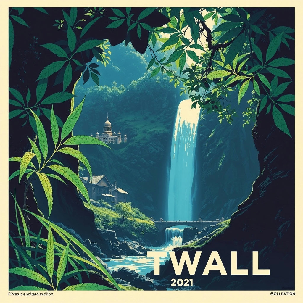 A 1970s science-fiction inspired vintage travel poster depicts a jubilant scene of a hidden waterfall behind a village, with deep jewel tones of emerald green and sapphire blue, in a wide shot composition following the rule-of-thirds,…