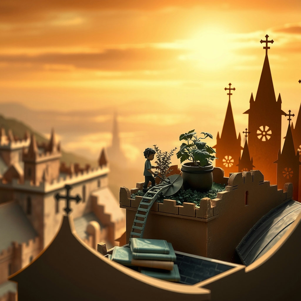 A tiny figure tends a lush rooftop garden, nestled among medieval city spires, in a layered paper cut-out scene with muted earth tones, backlit by warm light with lens flare, set against a vast, mysterious landscape.