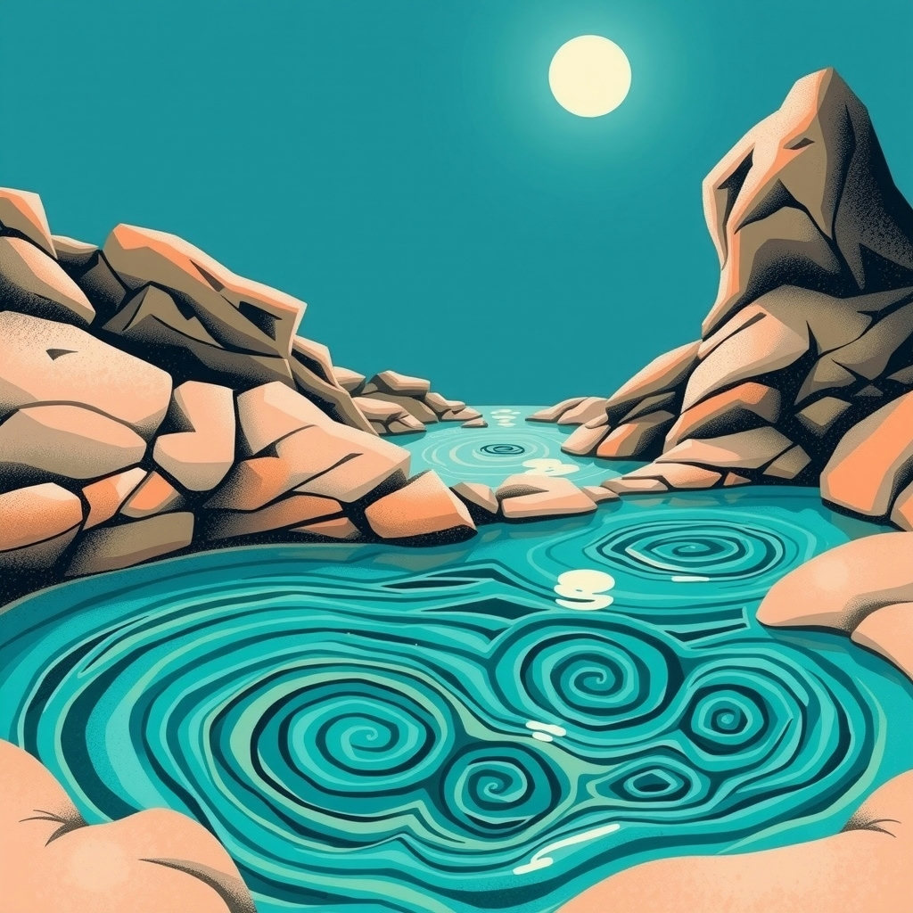 Low tide reveals hidden tide pools, a playful pastel drawing of turquoise and peach hues, soft moonlight casting gentle shadows on the rocky shoreline, viewed from a low angle looking up at the pools' intricate, swirling patterns.