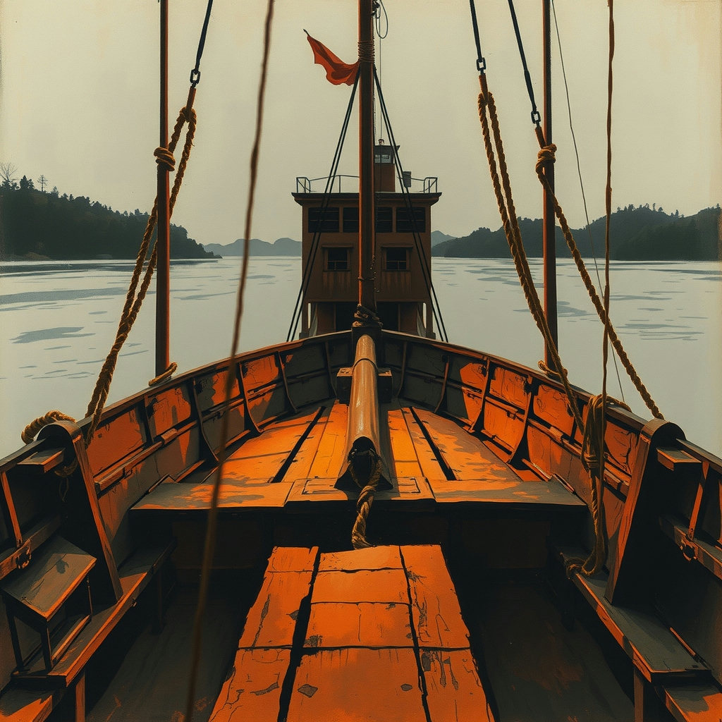 A charcoal sketch of a ferry's worn wooden hull crosses a wide river, autumn ochre and rust hues, in extreme close-up, illuminated by soft candlelight, evoking a melancholic mood, reminiscent of Edo-period Japan