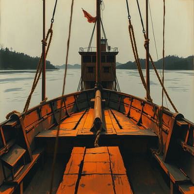 A charcoal sketch of a ferry's worn wooden hull crosses a wide river, autumn ochre and rust hues, in extreme close-up, illuminated by soft candlelight, evoking a melancholic mood, reminiscent of Edo-period Japan
