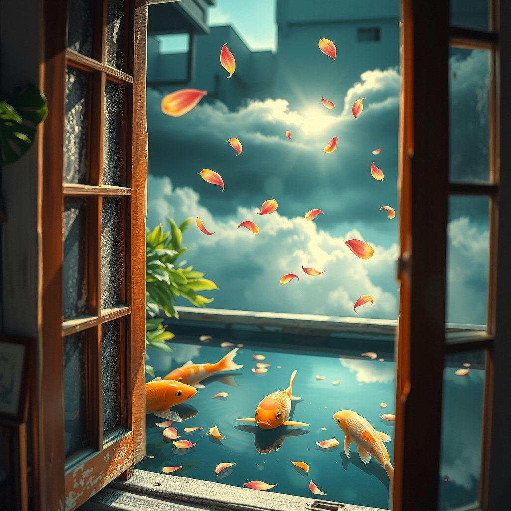 A 1990s anime cel-inspired tilt-shift photograph captures a serene koi pond, viewed through a weathered window, as delicate falling petals dance across the sun-bleached, faded scene, illuminated by storm light breaking through clouds,…