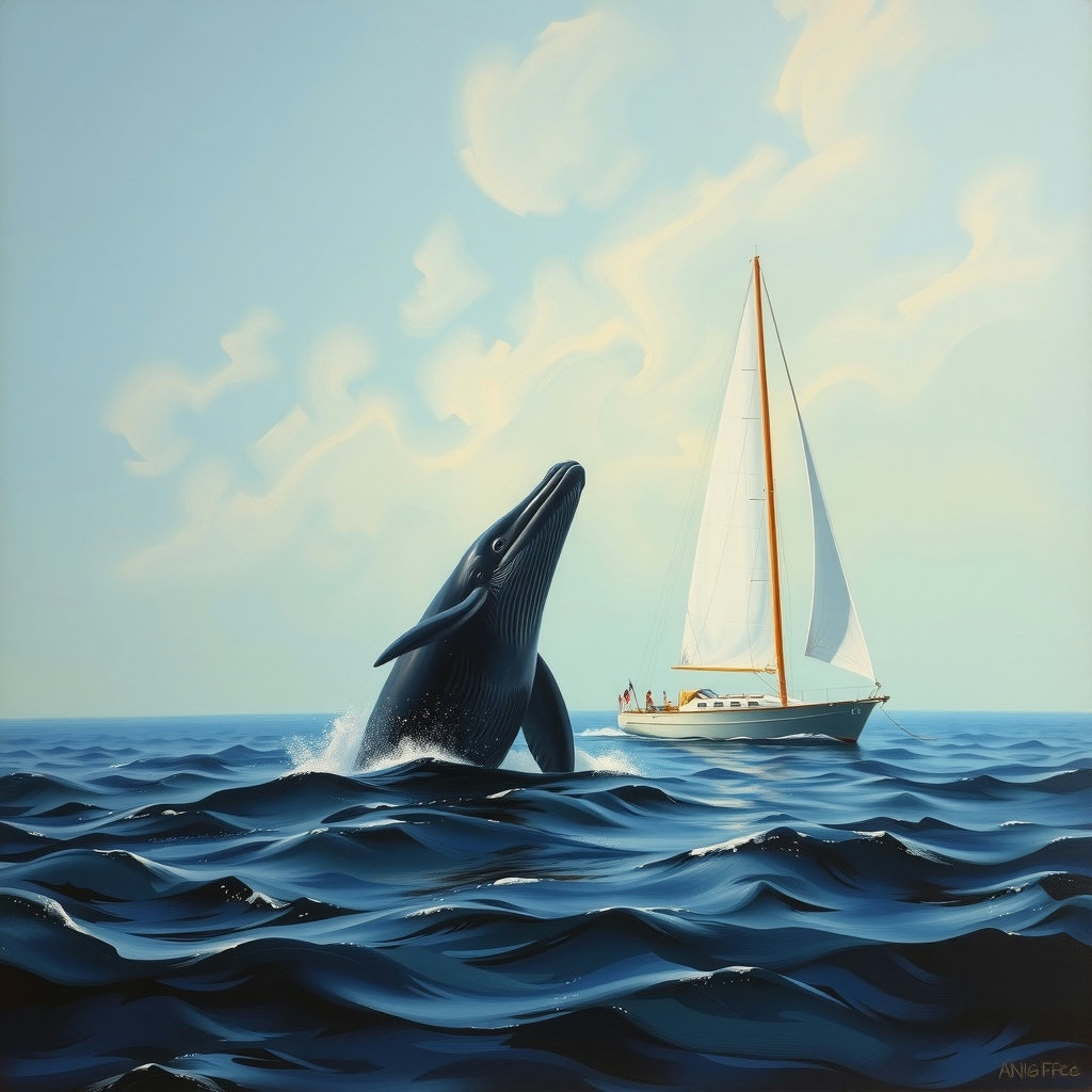 A whale breaches beside a sailboat, its dark form a silhouette against the soft blue hour sky, as mint and cream hues dance across the oil-painted canvas, evoking a serene mood in the 1890s style.